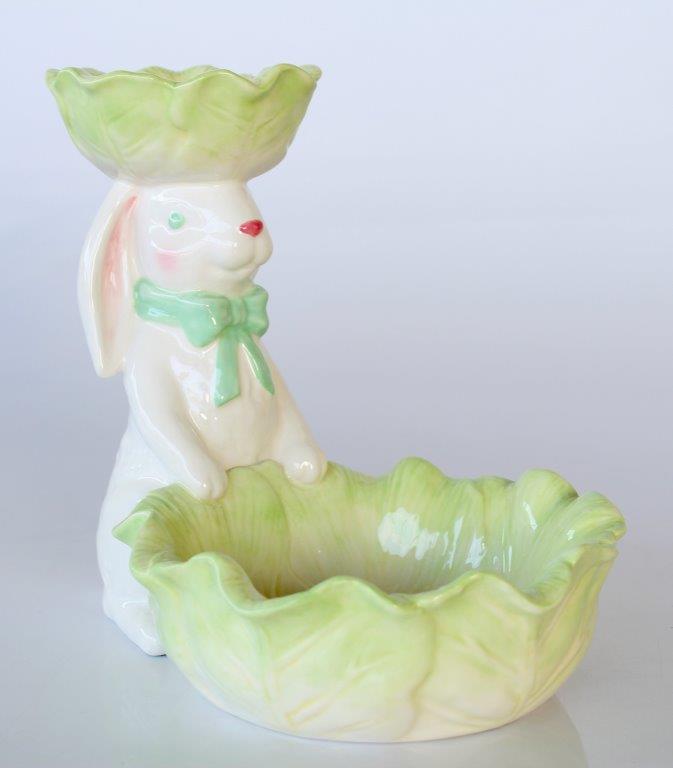 2 GREEN & WHITE CABBAGE BOWLS WITH BUNNY  21X17X24CM